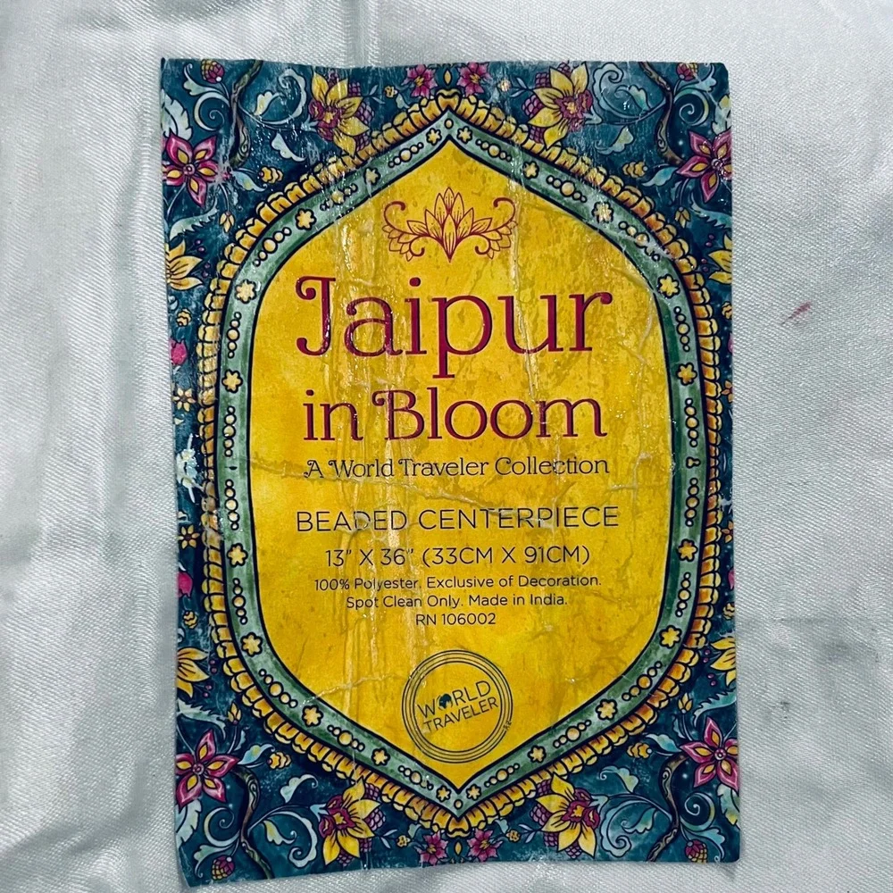 Jaipur in Bloom Beaded Table Runner Centerpiece 13 x 36 Aqua White Silver Floral
